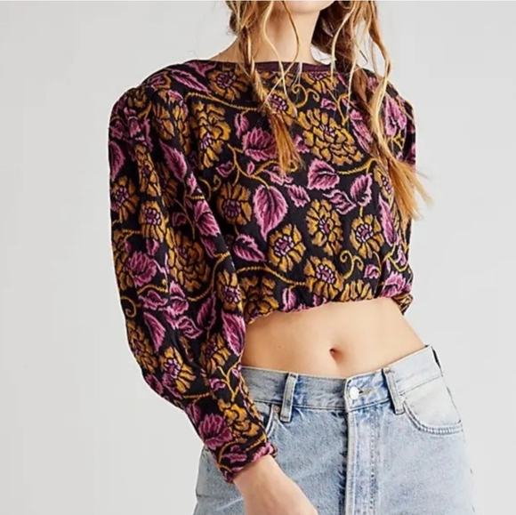 Free People No Ordinary Top Floral Jacquard Cropped Sweater - Picture 3 of 8